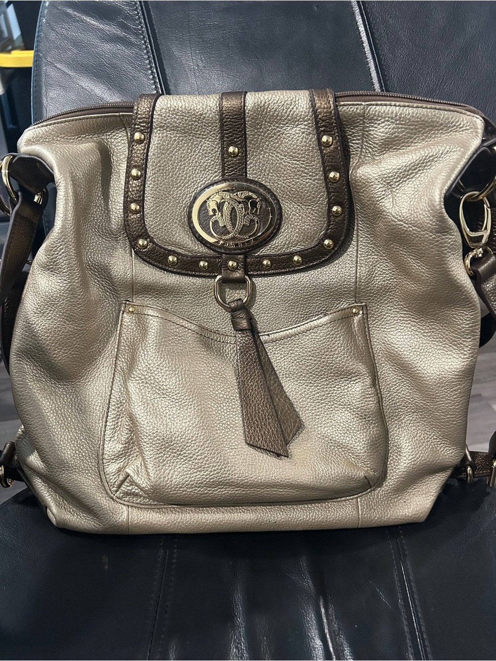 Sharif Metallic Gold leather Shoulder Bag with Brown Trim